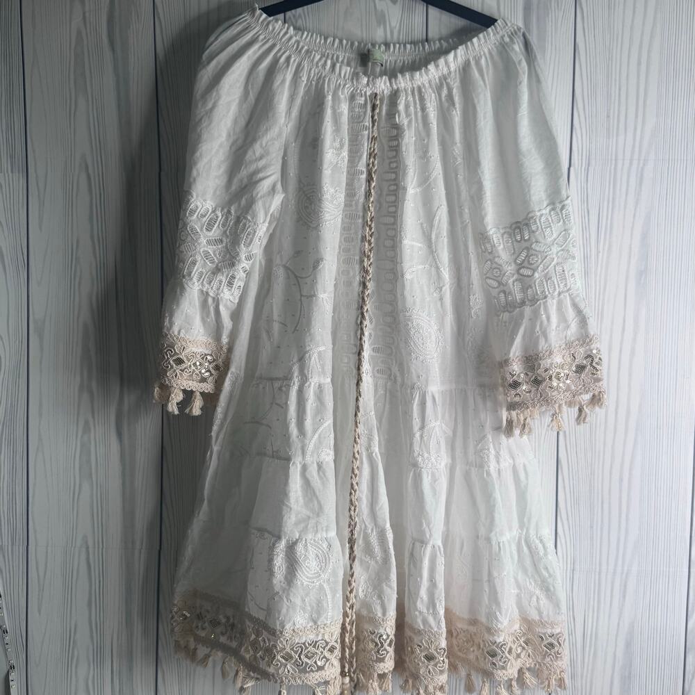 White Boho Fairy Style Ruffle and Lace w/ gold trim midi dress size medium